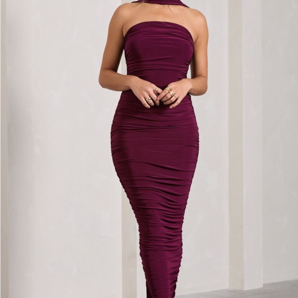 Strapless Ruched Midi Dress in Burgundy